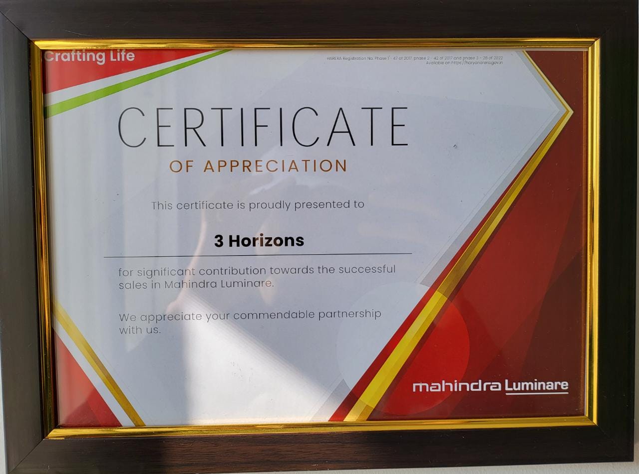 Mahindra Luminare certificate of association with 3 horizons pvt ltd